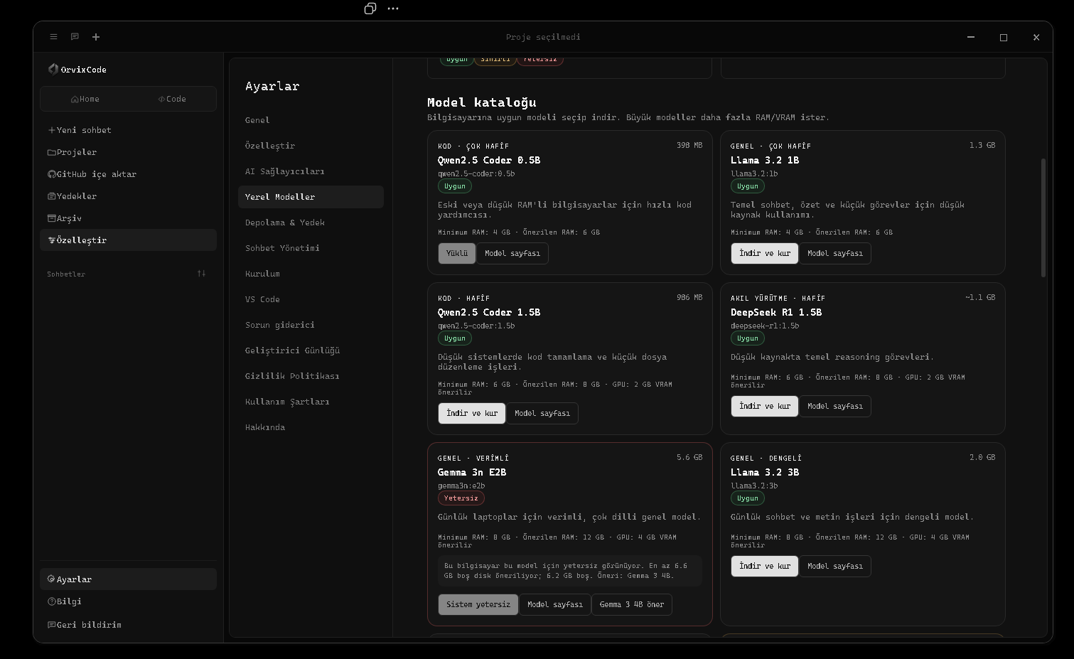 OrvixCode Yerel Modeller ekranı ve Ollama model kataloğu